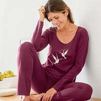 Blancheporte Pyžamo s dlhými rukávmi a potlačou vtákov čerešňová