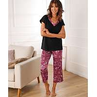Blancheporte Pyžamo s krátkymi rukávmi z jednofarebnej bavlny a saténu s potlačou čierna/bordó
