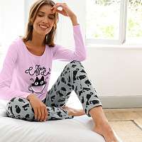 Blancheporte Pyžamo s potlačou Coffee Cat, bavlna šedá/lila